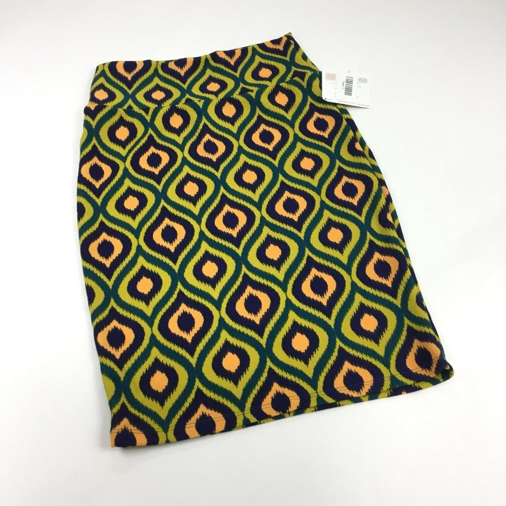 NWT LuLaRoe Cassie Pencil Skirt Sz Sm Ikat Navy Yellow Stretchy E14